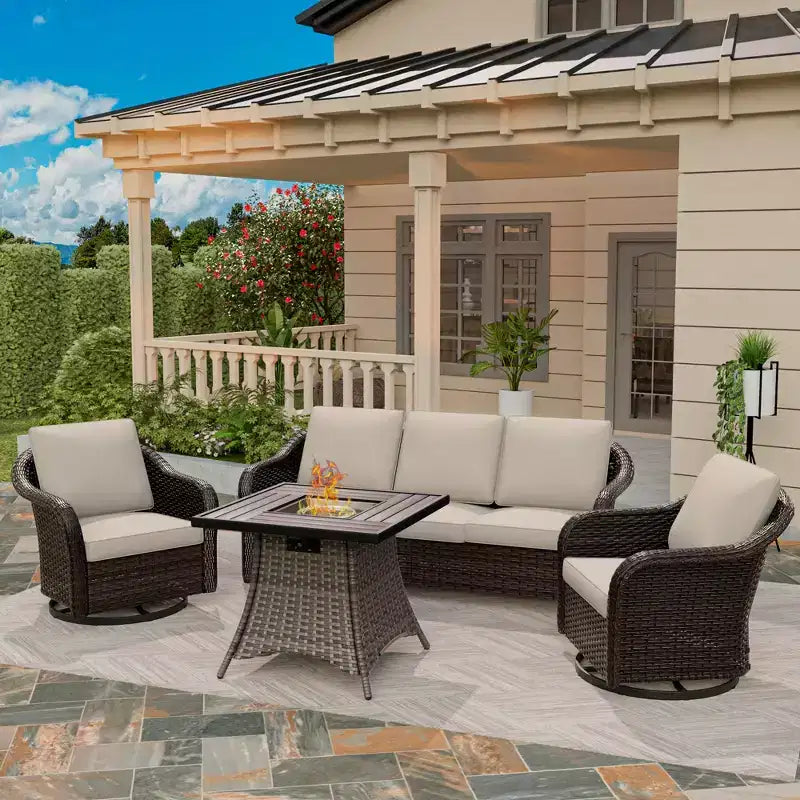 UPTIOT Outdoor Patio Set: 3-Seat Sofa, 2 Swivel Rocking Chairs & 50,000 BTU Fire Pit for All-Weather Comfort and Warmth