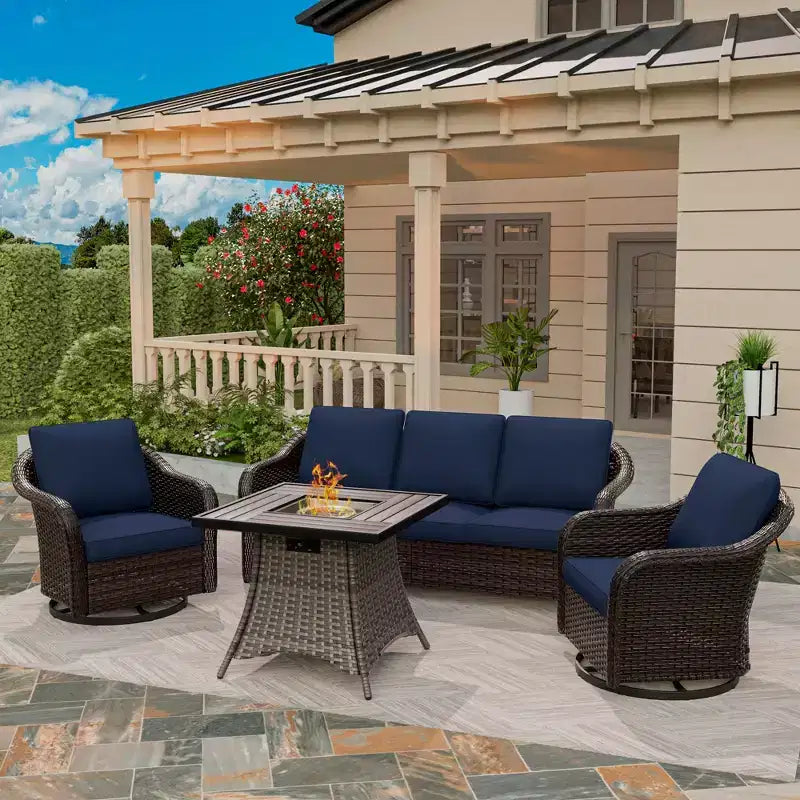 UPTIOT Outdoor-Loungemöbel-Set: 3-Sitzer-Sofa, 2 drehbare Schaukelsessel & 50.000 BTU Feuerstelle für wetterfesten Komfort und Wärme
