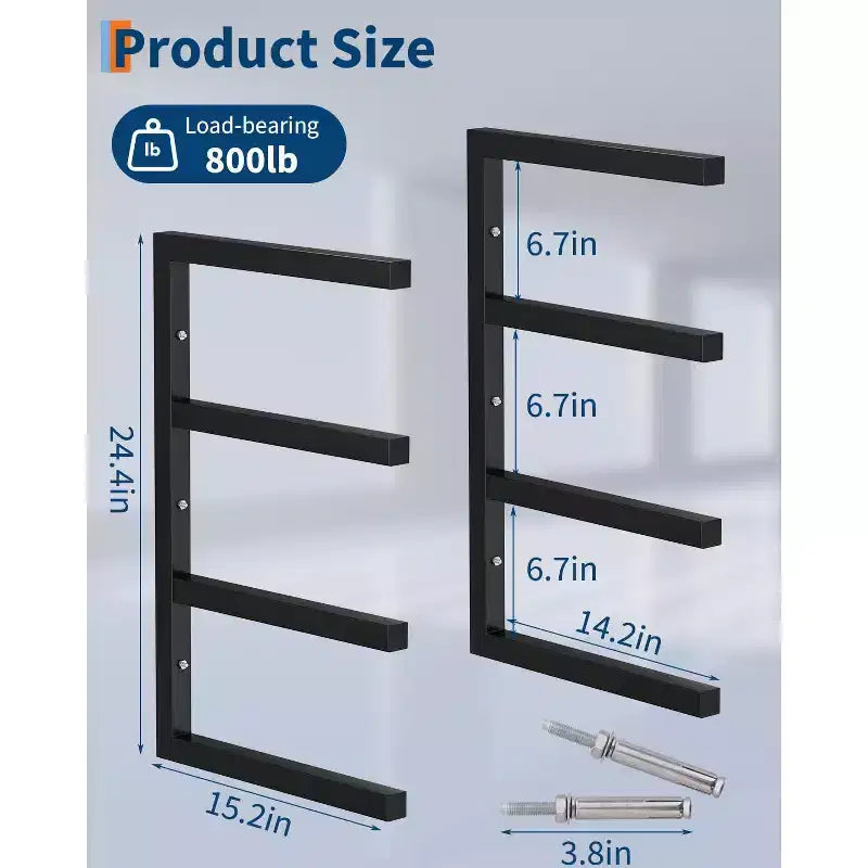 Holzregal, Holz-Organizer, 8er-Set, 4-lagig, zur Wandmontage, Schwerlast-Stahlregale, 1450 kg Tragkraft, für Schuppen, Werkstatt, Garage, Schwarz