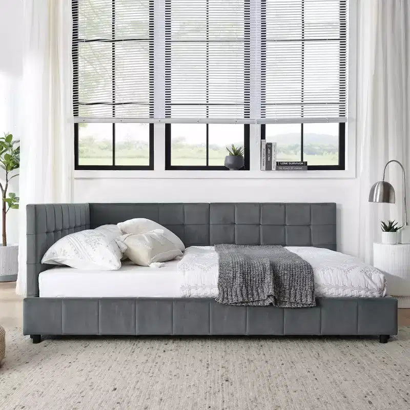 MAYEERTY Full Size Upholstered Tufted Bed Frame with Comfirtable Backrest and Armrests for Bedroom Living Room Gray