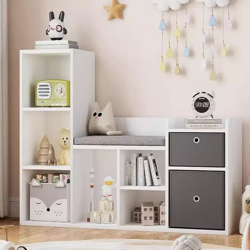 Kids Bookshelf, Dollhouse Bookcase, Reading Nook with Seat, 6-Cubby Kids Cabinet Storage Organizer with Drawers for Playroom Bedroom