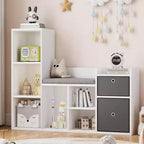 Kids Bookshelf, Dollhouse Bookcase, Reading Nook with Seat, 6-Cubby Kids Cabinet Storage Organizer with Drawers for Playroom Bedroom