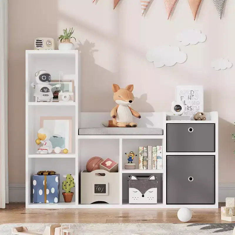 Kinderbücherregal, Puppenhaus-Bücherregal, Leseecke mit Sitzbank, Kinder-Schrank-Aufbewahrungsorganisator mit 6 Fächern und Schubladen für Spielzimmer und Schlafzimmer