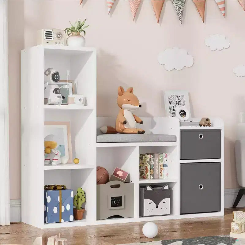 Kinderbücherregal, Puppenhaus-Bücherregal, Leseecke mit Sitzbank, Kinder-Schrank-Aufbewahrungsorganisator mit 6 Fächern und Schubladen für Spielzimmer und Schlafzimmer