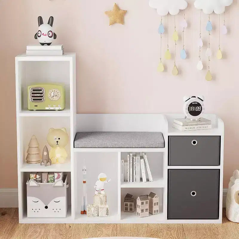 Kinderbücherregal, Puppenhaus-Bücherregal, Leseecke mit Sitzbank, Kinder-Schrank-Aufbewahrungsorganisator mit 6 Fächern und Schubladen für Spielzimmer und Schlafzimmer