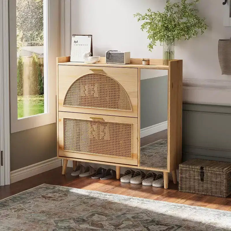 Natural Rattan Hidden Shoe Cabinet | Mirror + Adjustable Shelves, 2 Flip Drawers for Living Room, Entryway, Hallway
