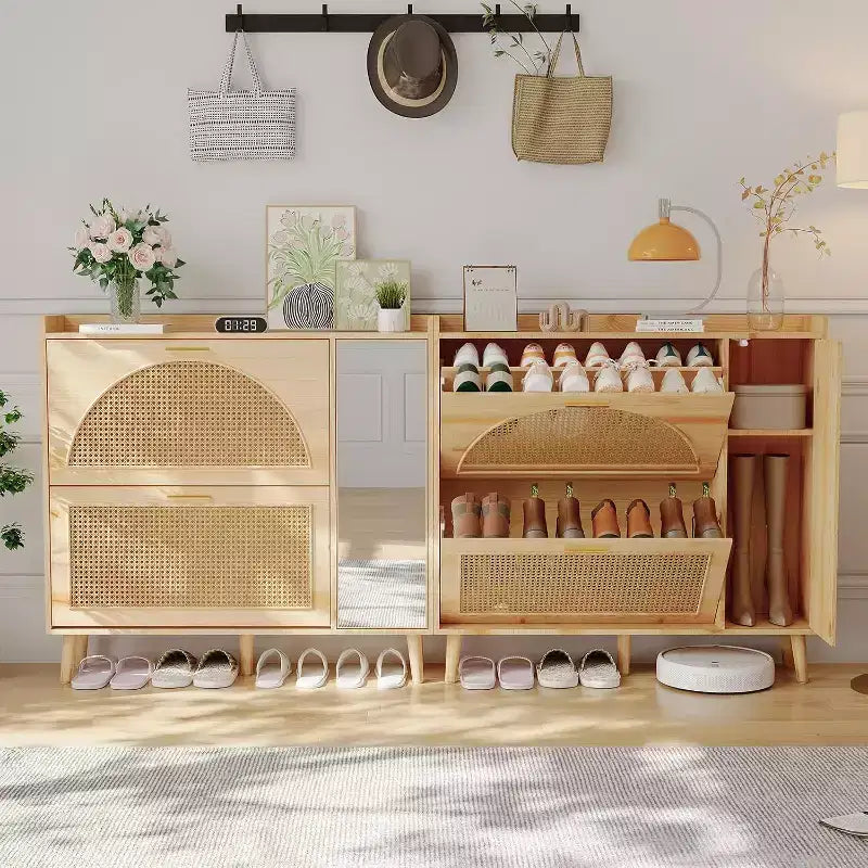 Versteckter Schuhschrank aus Naturrattan | Spiegel + Verstellbare Ablagen, 2 Kippschubladen für Wohnzimmer, Diele, Flur