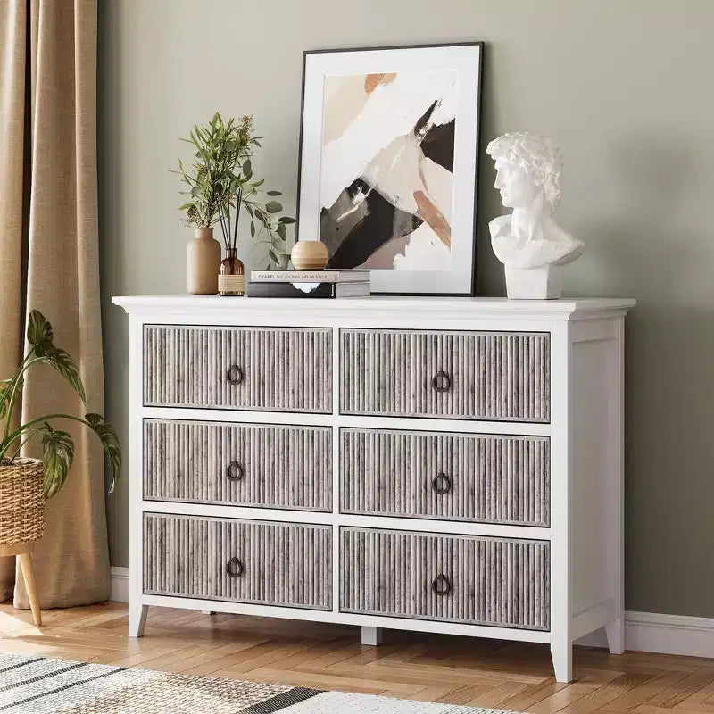 COZONY Moderne Kommode mit 6 Schubladen, gerillt mit Wellenpaneel, kippsichere Aufbewahrung für Schlafzimmer, Wohnzimmer & Flur
