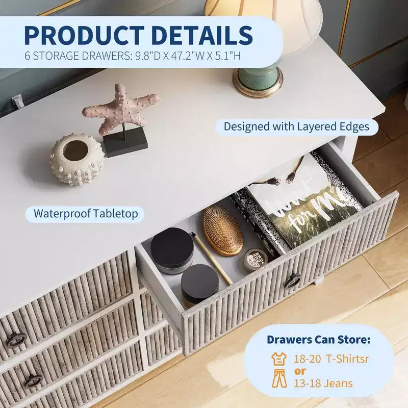 COZONY Moderne Kommode mit 6 Schubladen, gerillt mit Wellenpaneel, kippsichere Aufbewahrung für Schlafzimmer, Wohnzimmer & Flur