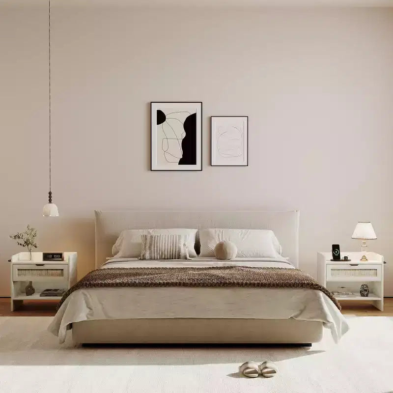 2er-Set Rattan-Nachttische mit Ladestation, Boho-Beistelltisch mit Schublade & offenem Regal für Schlafzimmer, Wohnzimmer & Büro