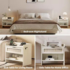 2er-Set Rattan-Nachttische mit Ladestation, Boho-Beistelltisch mit Schublade & offenem Regal für Schlafzimmer, Wohnzimmer & Büro