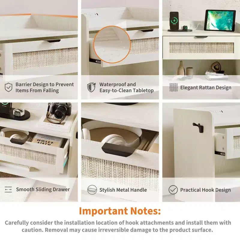2er-Set Rattan-Nachttische mit Ladestation, Boho-Beistelltisch mit Schublade & offenem Regal für Schlafzimmer, Wohnzimmer & Büro