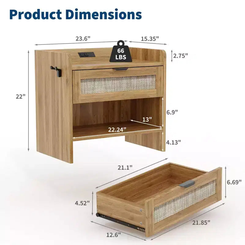 2er-Set Rattan-Nachttische mit Ladestation, Boho-Beistelltisch mit Schublade & offenem Regal für Schlafzimmer, Wohnzimmer & Büro