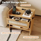 2er-Set Rattan-Nachttische mit Ladestation, Boho-Beistelltisch mit Schublade & offenem Regal für Schlafzimmer, Wohnzimmer & Büro