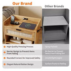 2er-Set Rattan-Nachttische mit Ladestation, Boho-Beistelltisch mit Schublade & offenem Regal für Schlafzimmer, Wohnzimmer & Büro