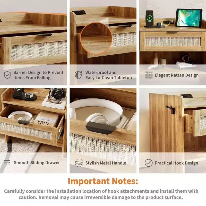 2er-Set Rattan-Nachttische mit Ladestation, Boho-Beistelltisch mit Schublade & offenem Regal für Schlafzimmer, Wohnzimmer & Büro