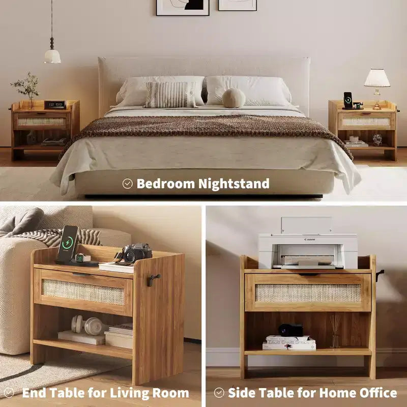 2er-Set Rattan-Nachttische mit Ladestation, Boho-Beistelltisch mit Schublade & offenem Regal für Schlafzimmer, Wohnzimmer & Büro
