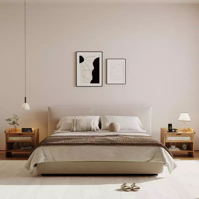 2er-Set Rattan-Nachttische mit Ladestation, Boho-Beistelltisch mit Schublade & offenem Regal für Schlafzimmer, Wohnzimmer & Büro