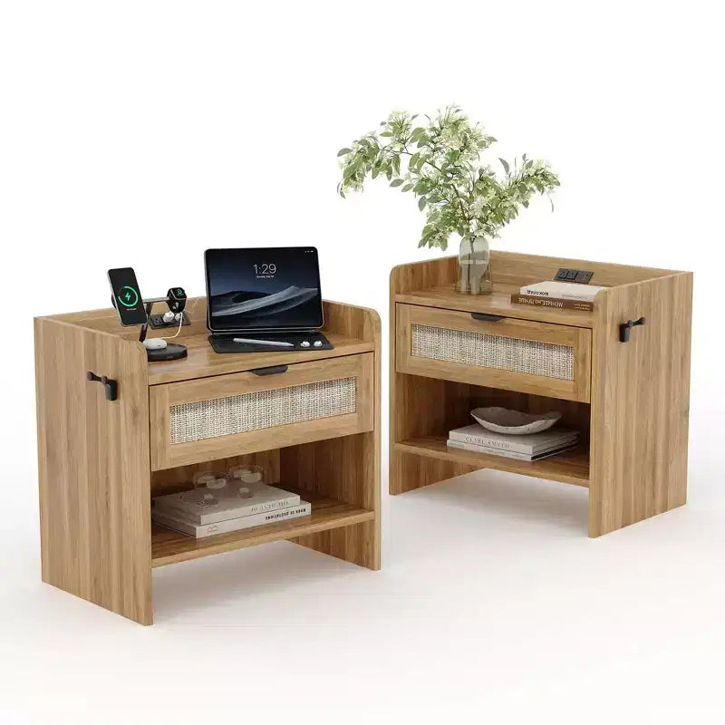 2er-Set Rattan-Nachttische mit Ladestation, Boho-Beistelltisch mit Schublade & offenem Regal für Schlafzimmer, Wohnzimmer & Büro