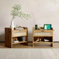 Set of 2 Rattan Nightstand with Charging Station,Boho Bedside Table with Drawer & Open Shelf for Bedroom, Living Room & Office