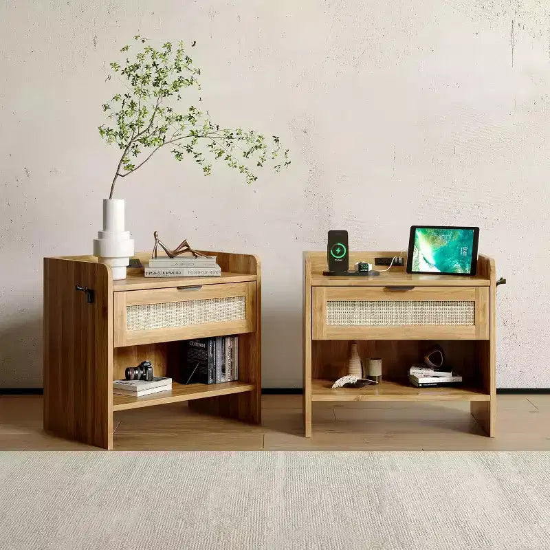Set of 2 Rattan Nightstand with Charging Station,Boho Bedside Table with Drawer & Open Shelf for Bedroom, Living Room & Office
