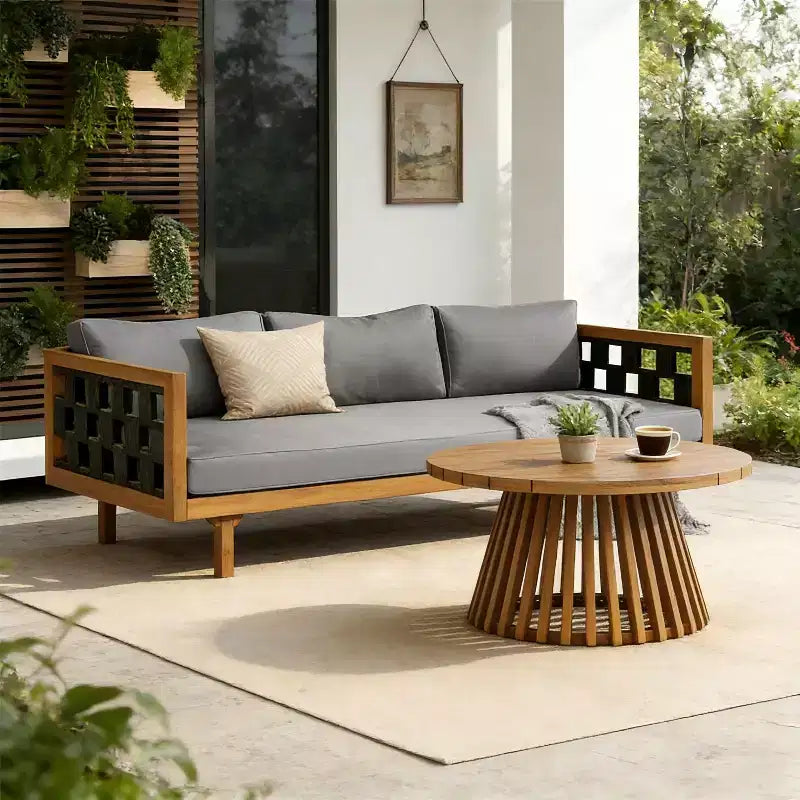 Christopher Knight Home Alice 2-teiliges modernes Outdoor-Sofaset aus Akazienholz mit geflochtenem Seil und rundem Couchtisch