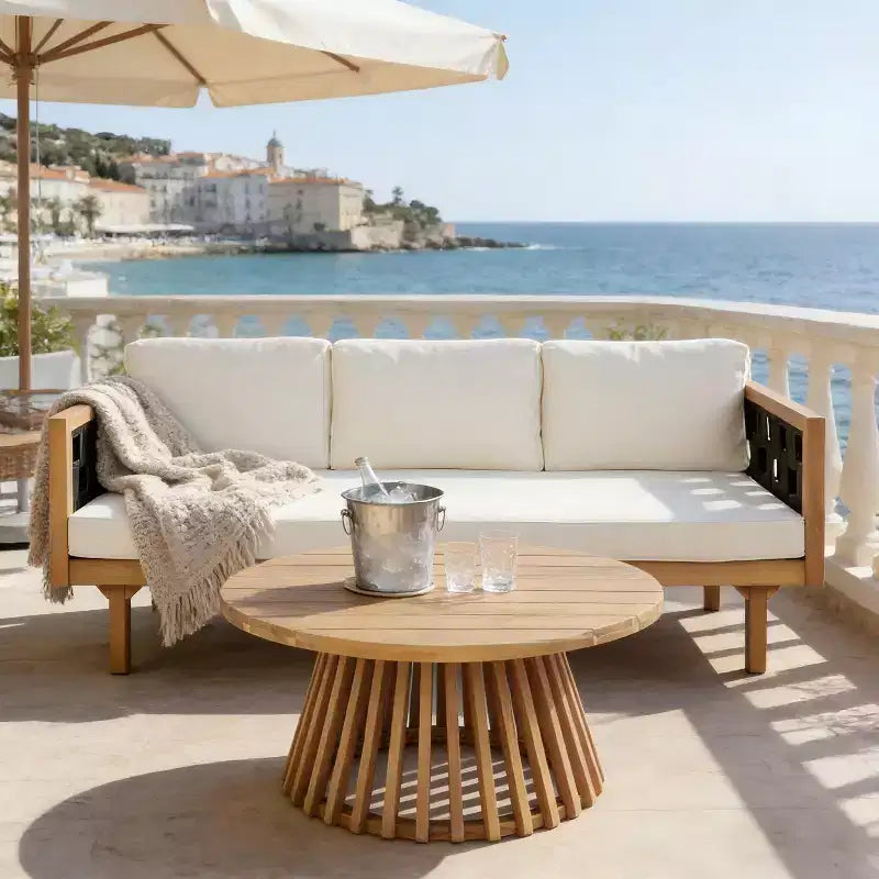Christopher Knight Home Alice 2 Piece Modern Outdoor Acacia Wood Woven Rope 3-Seater Sofa Set with Round Coffee Table