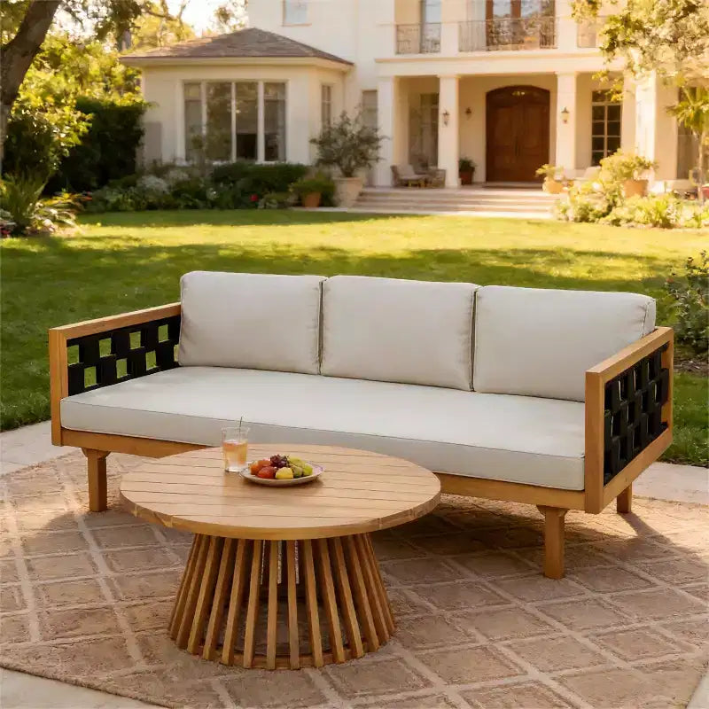 Christopher Knight Home Alice 2-teiliges modernes Outdoor-Sofaset aus Akazienholz mit geflochtenem Seil und rundem Couchtisch