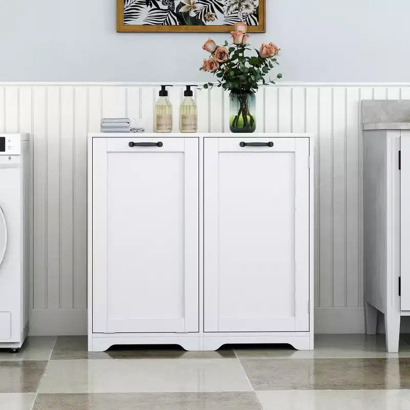 JVNOXK 31.50inch Laundry cabinet with doors and shelves, tilting pull-out laundry basket, adjustable shelves, white