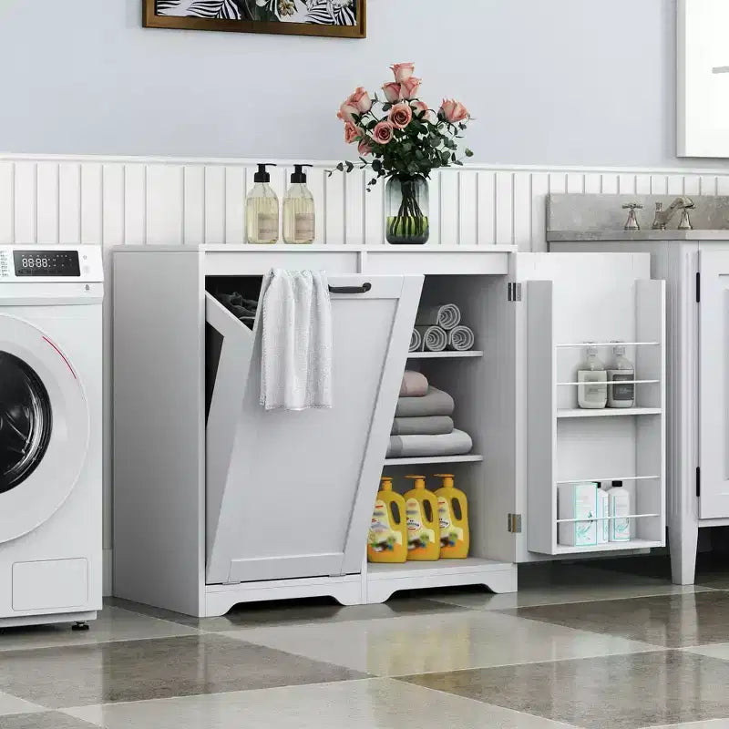 JVNOXK 31,50 Zoll Wäscheschrank mit Türen und Regalen, kippbarer Auszugswäschekorb, verstellbare Regalböden, weiß