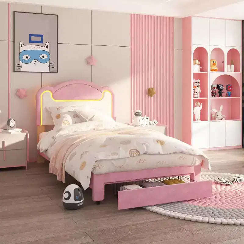 Double Upholstery Bed Frame, Strong Wooden Support, no Spring Box, with Drawers, Suitable for Children's Room, Pink and White