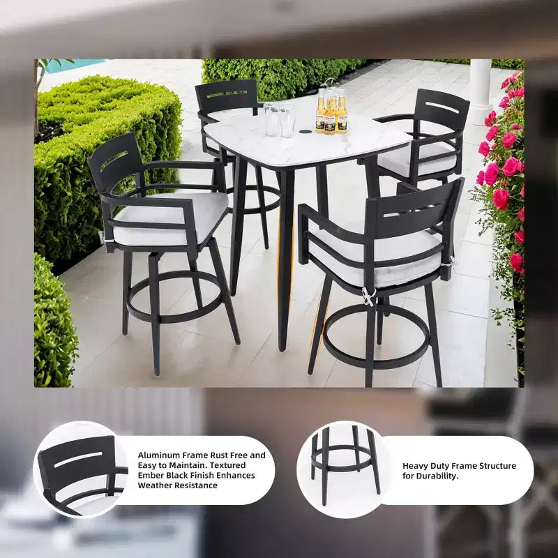 Drehbarer Outdoor-Barhocker Terrassen-Barstuhl, 2er-Set, Aluminiummaterial & konische Beine & bewegliches Kissen