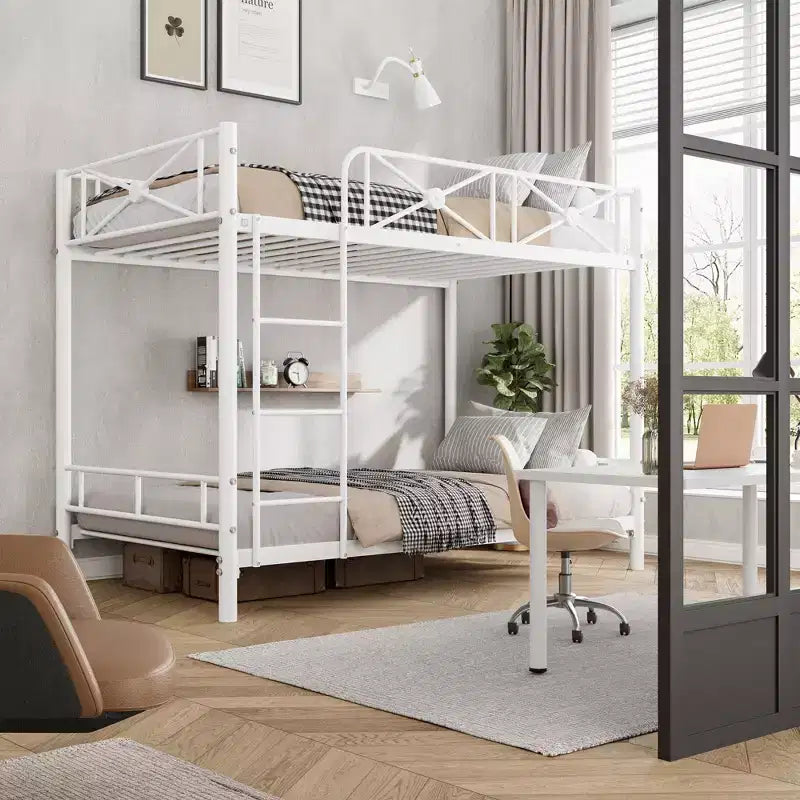 Weißes Metall-Etagenbett, Industrielles Loft-Design, Sicherheitsgeländer, Platzsparender Stahlrahmen für Schule, Schlafzimmer