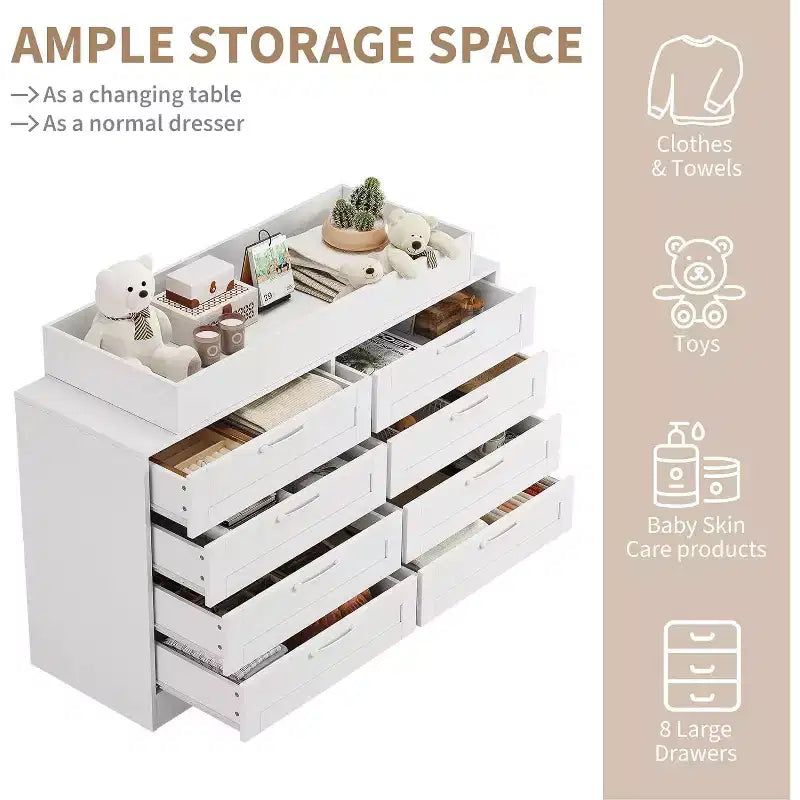 Wickelkommode mit Wickeltischaufsatz, moderne Babykommode mit 8 Holzschubladen, Wickelstation mit mehreren Schubladen und Sicherheitsablage oben