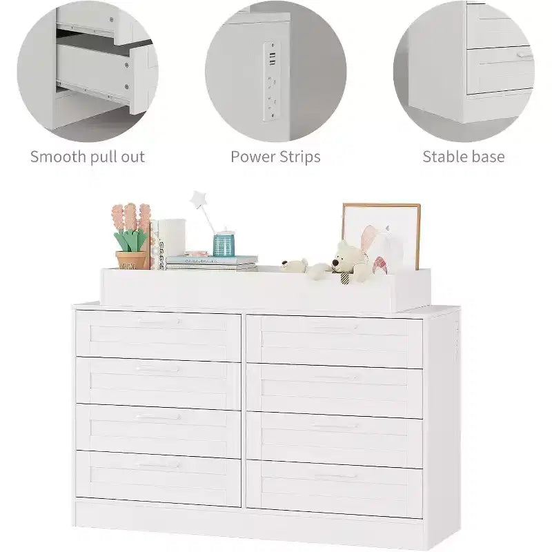 Wickelkommode mit Wickeltischaufsatz, moderne Babykommode mit 8 Holzschubladen, Wickelstation mit mehreren Schubladen und Sicherheitsablage oben