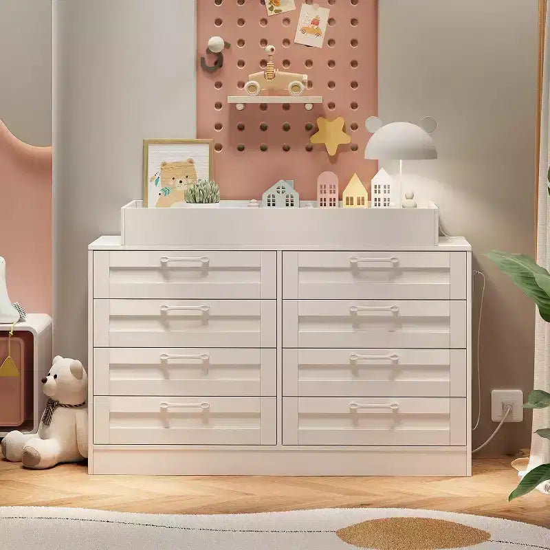 Wickelkommode mit Wickeltischaufsatz, moderne Babykommode mit 8 Holzschubladen, Wickelstation mit mehreren Schubladen und Sicherheitsablage oben