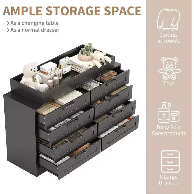 Wickelkommode mit Wickeltischaufsatz, moderne Babykommode mit 8 Holzschubladen, Wickelstation mit mehreren Schubladen und Sicherheitsablage oben