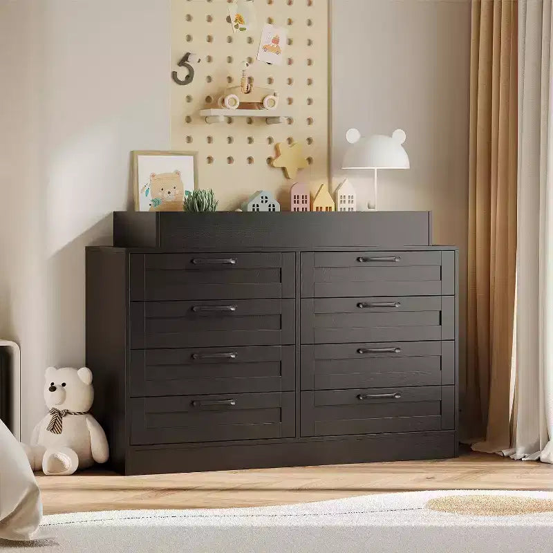 Wickelkommode mit Wickeltischaufsatz, moderne Babykommode mit 8 Holzschubladen, Wickelstation mit mehreren Schubladen und Sicherheitsablage oben