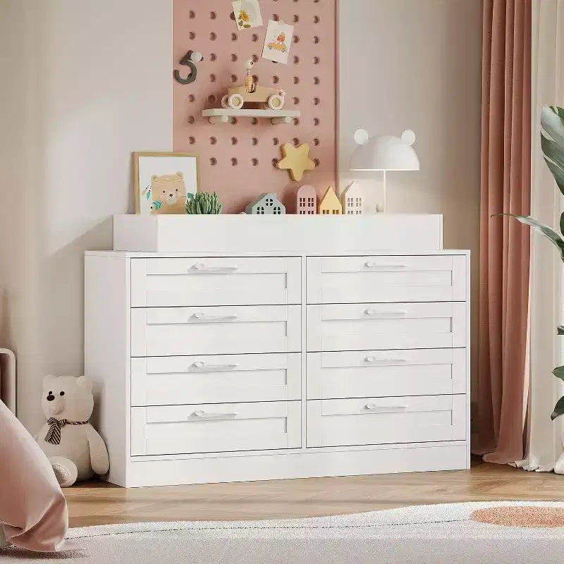 Wickelkommode mit Wickeltischaufsatz, moderne Babykommode mit 8 Holzschubladen, Wickelstation mit mehreren Schubladen und Sicherheitsablage oben