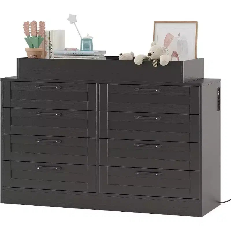 Wickelkommode mit Wickeltischaufsatz, moderne Babykommode mit 8 Holzschubladen, Wickelstation mit mehreren Schubladen und Sicherheitsablage oben