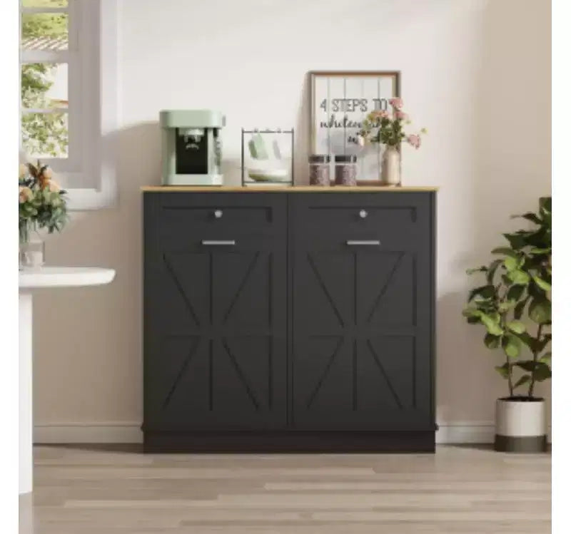 Melamine Board Kitchen Trash Cabinet with Rice Pattern Fabric Bag,
