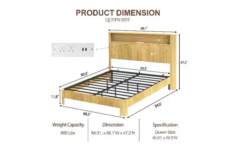 TUYOHW Plattform-Bettrahmen mit wellenförmigem Paneel, robustes Metall- und Holz-Queensize-Bett mit Stauraum-Kopfteil, integrierter Ladestation, geräuschdämpfend