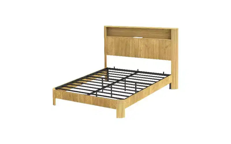 TUYOHW Plattform-Bettrahmen mit wellenförmigem Paneel, robustes Metall- und Holz-Queensize-Bett mit Stauraum-Kopfteil, integrierter Ladestation, geräuschdämpfend