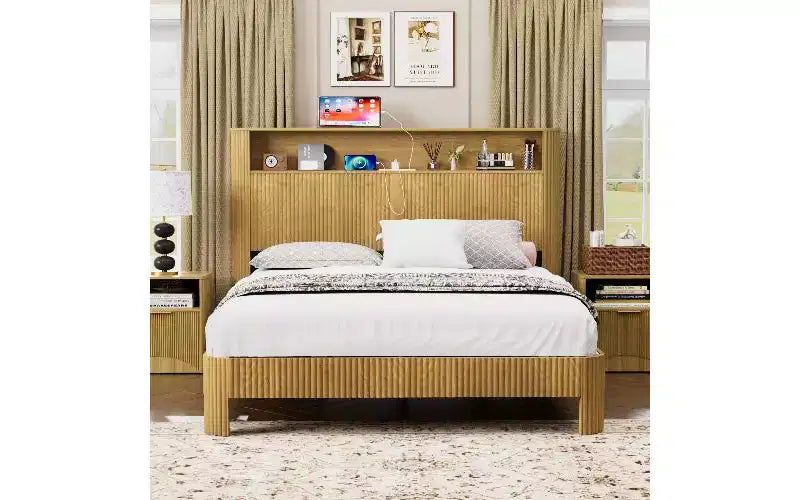 TUYOHW Platform Bed Frame with Wave-Curved Panel, Sturdy Metal & Wood Queen Size Bed with Storage Headboard, Built-in Charging Station,Noise-Canceling