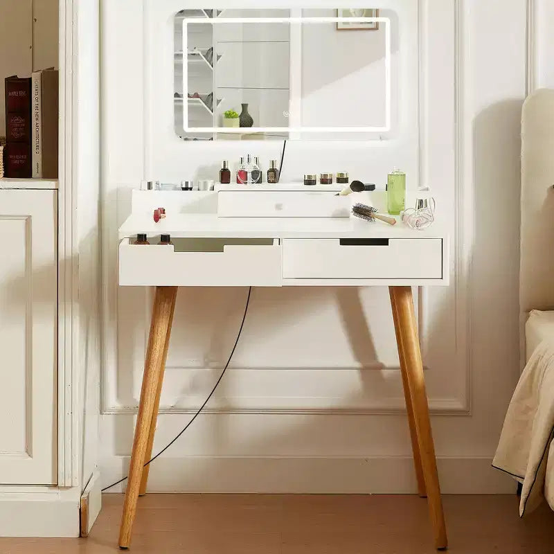 Okak Modern Vanity Desk with Removable Mirror, 3 Color Modes Adjustable Makeup Desk, Dressing Table for Living Room, Bedroom, White