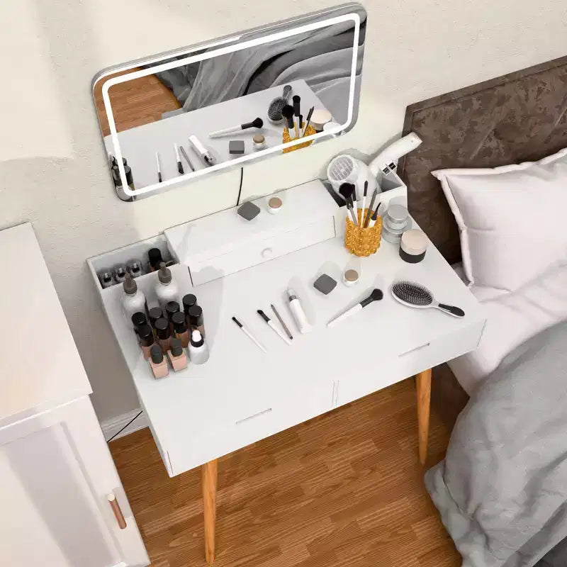 Okak Moderner Schminktisch mit abnehmbarem Spiegel, 3 Farbmodi einstellbar Schminktisch, Frisiertisch für Wohnzimmer, Schlafzimmer, Weiß