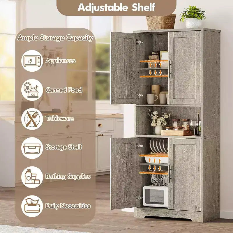 70'' Hoher Küchenschrank, moderne Küchenanrichte mit Mikrowellenständer & verstellbaren Regalen, ideal für Esszimmer, Badezimmer