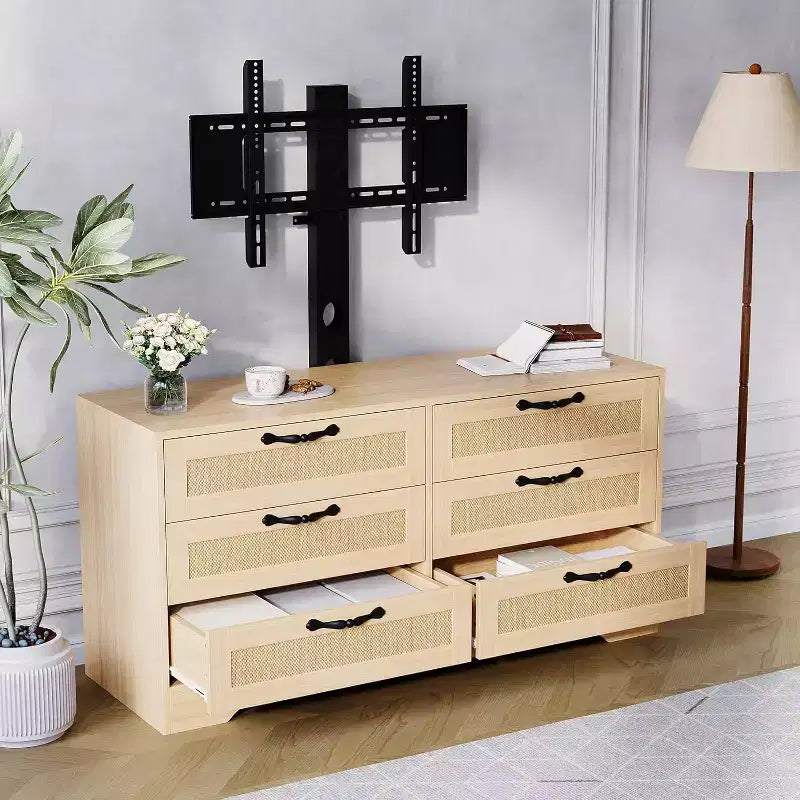 47,2 Zoll Natürlicher TV-Schrank mit 6 Schubladen, Rattan-Geflecht-Unterhaltungscenter für 32-85 Zoll TVs, für Wohnzimmer, einfache Montage