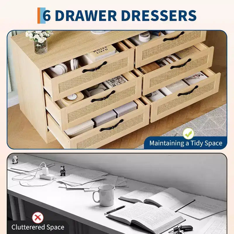 47,2 Zoll Natürlicher TV-Schrank mit 6 Schubladen, Rattan-Geflecht-Unterhaltungscenter für 32-85 Zoll TVs, für Wohnzimmer, einfache Montage