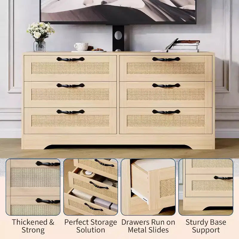 47,2 Zoll Natürlicher TV-Schrank mit 6 Schubladen, Rattan-Geflecht-Unterhaltungscenter für 32-85 Zoll TVs, für Wohnzimmer, einfache Montage